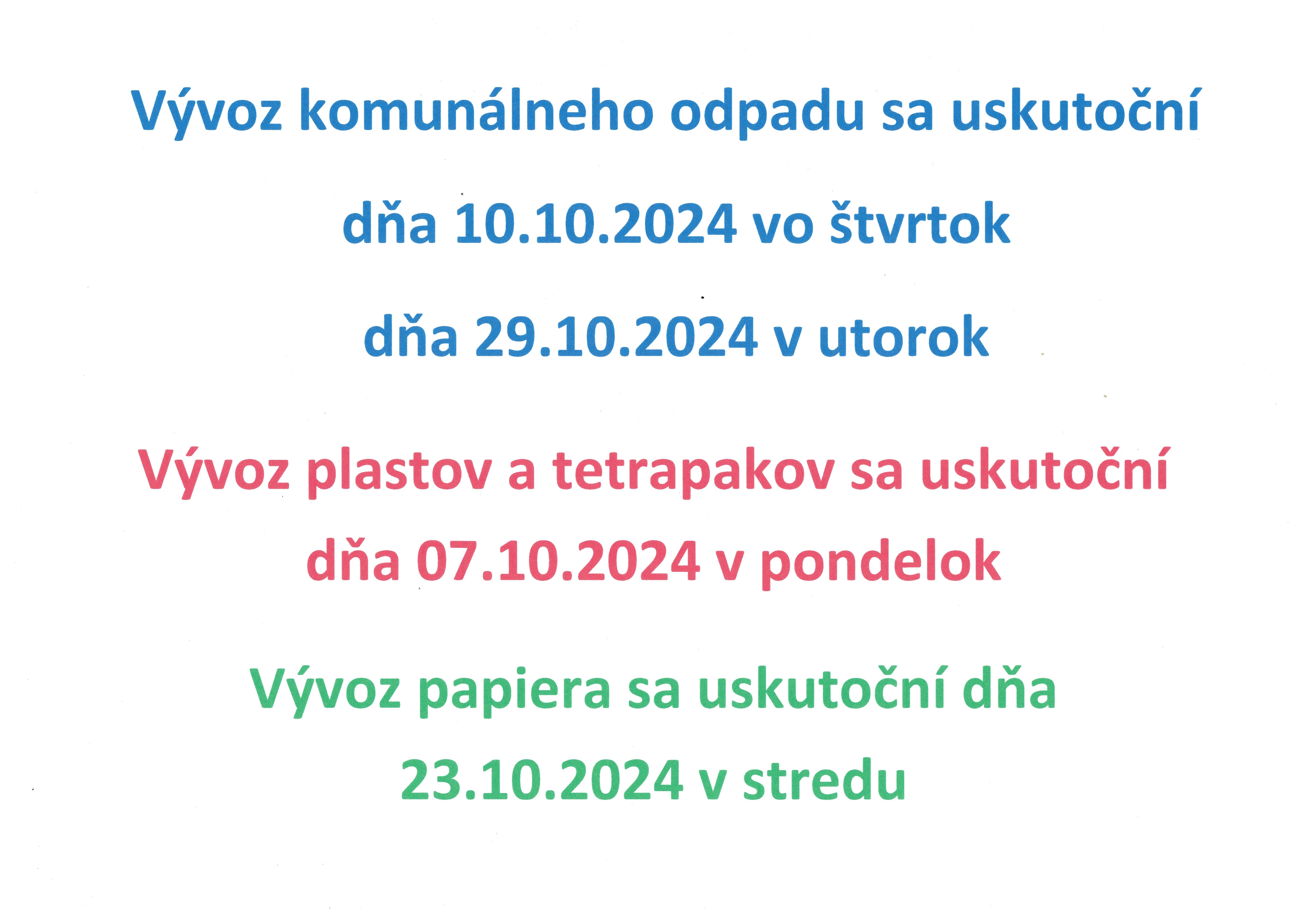 Vývoz odpadu Október 2024